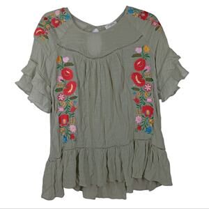 Umgee Embroidered Tiered Ruffle Blouse Green size Small